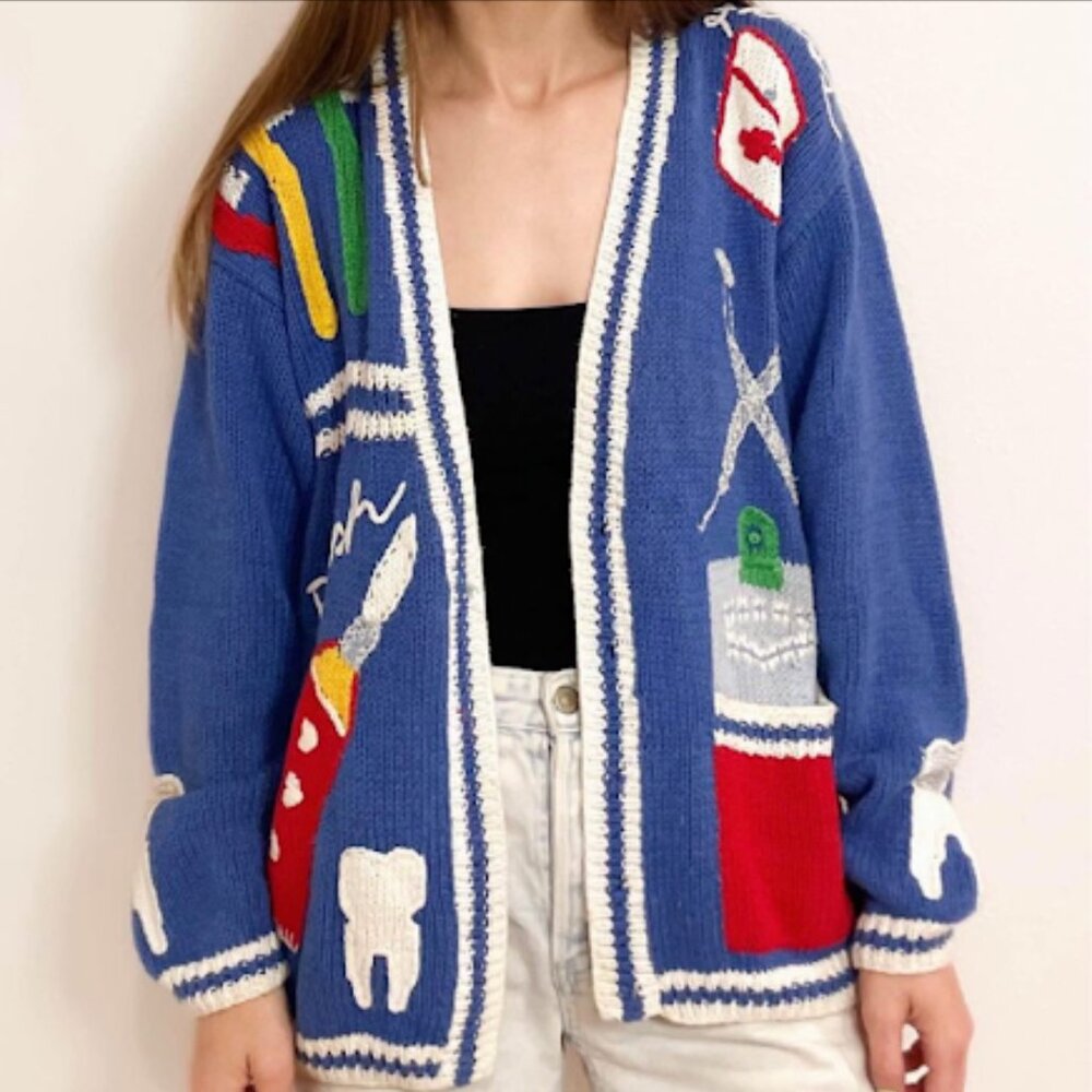 Vintage Cotton Ramie Knit Cardigan Kitschy Dentist Tooth Fairy FBC vibes